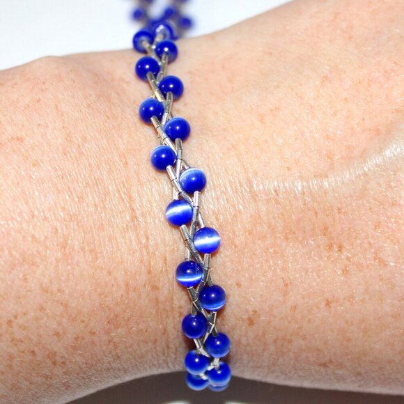 Vintage Sterling Silver Blue Cat Eye Glass Beaded Necklace - Picture 6 of 6